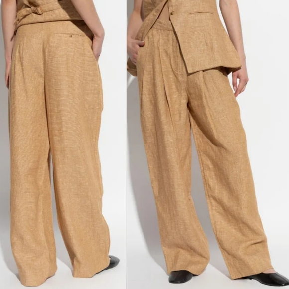 Posse Nancy Trouser in Walnut Linen Pleated Straight Wide Leg Tan Small - Picture 3 of 13